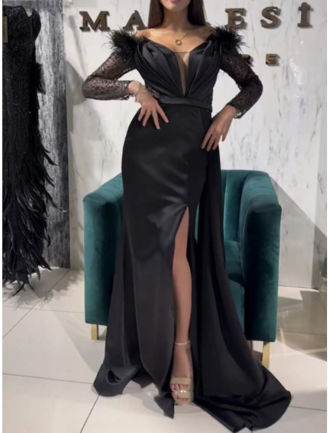A-Line Evening Gown Party Dress Black Dress Formal Sweep / Brush Train Long Sleeve Off Shoulder Sequined with Feather Pleats Slit 2025